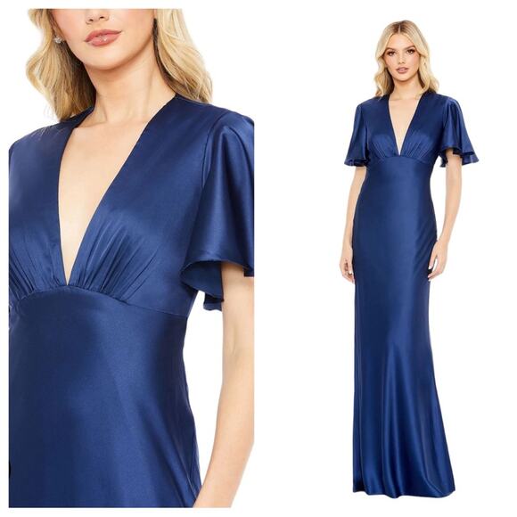 NWT IEENA for MAC DUGGAL Blue Flutter Sleeve V-Neck Satin Maxi Gown Women’s - Picture 1 of 10